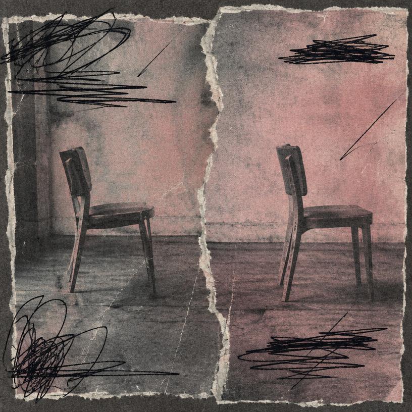 Torn photo of two chairs facing apart