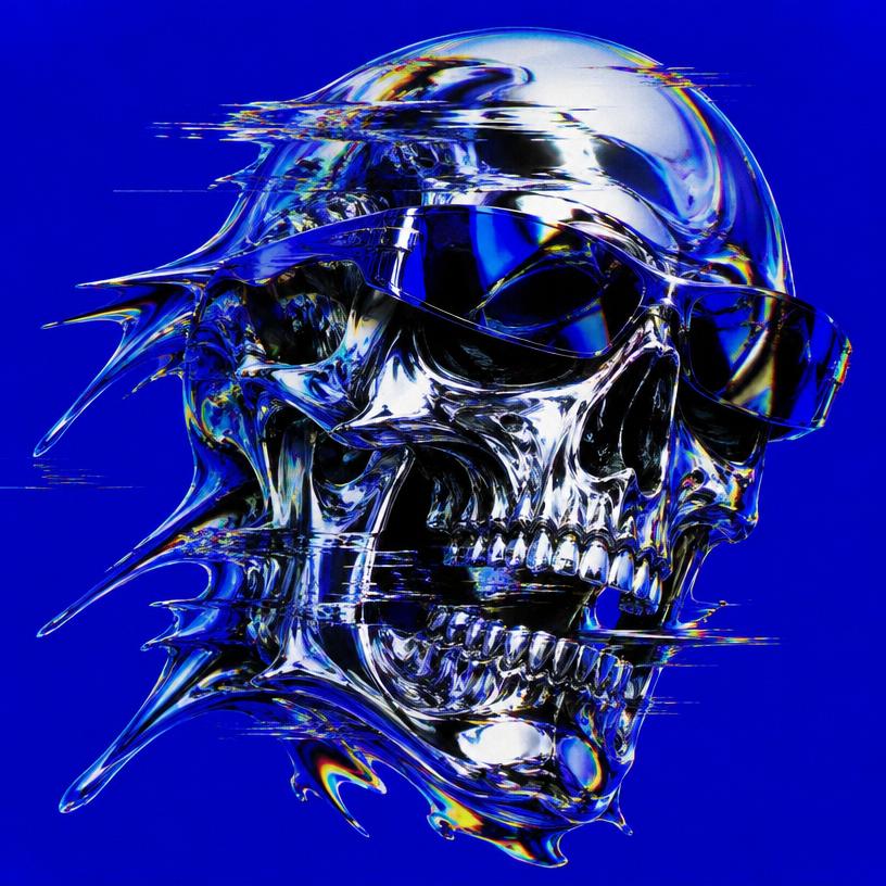 Chrome skull wearing sunglasses on cobalt