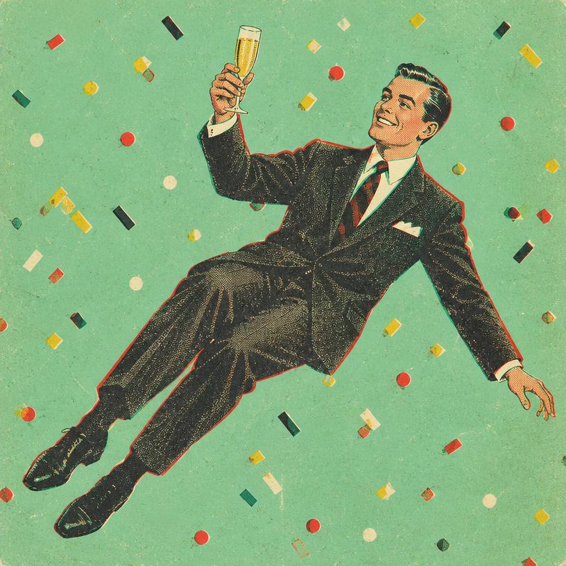 Vintage illustration of a businessman floating with champagne among confetti