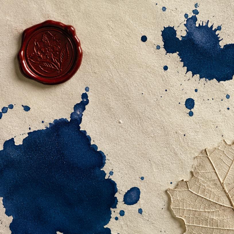Ink blots and a wax seal on cream paper