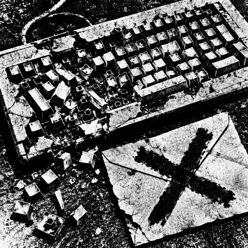 Photocopied smashed keyboard next to an envelope marked with an X