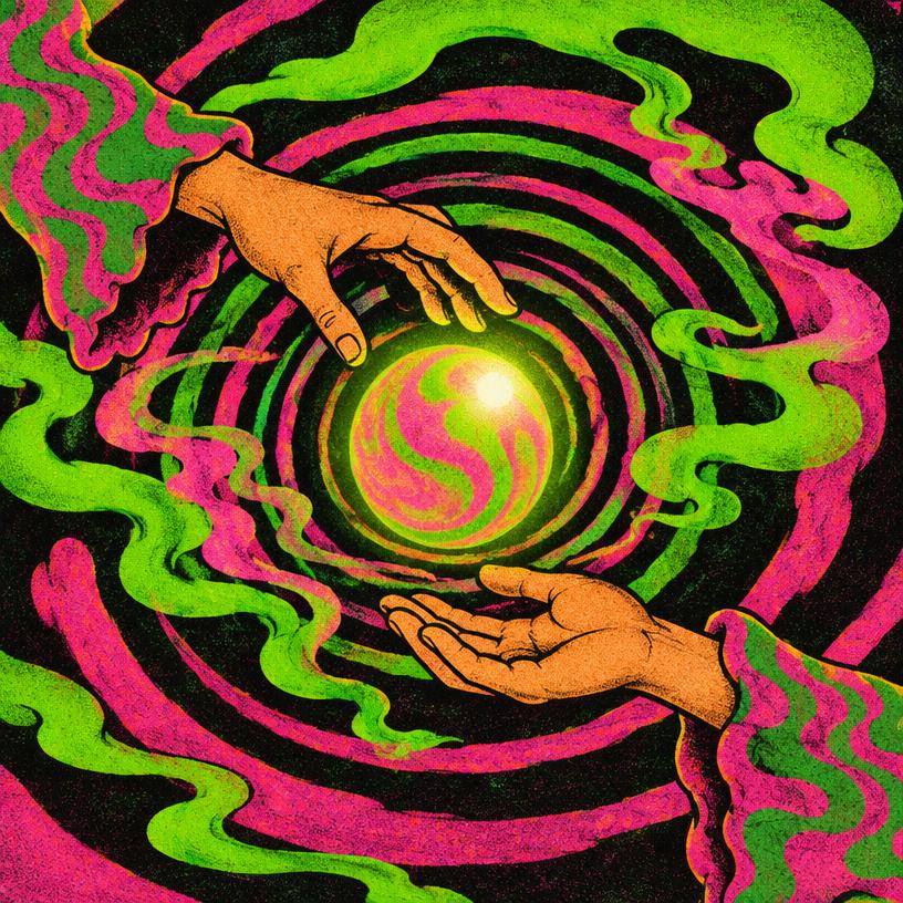 Psychedelic hands passing a glowing orb through swirling smoke
