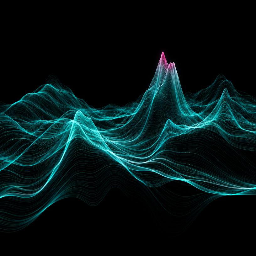 Glowing aqua waveform landscape on black