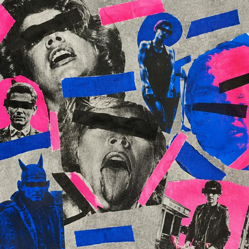 Photocopied punk collage of faces with blacked-out eyes